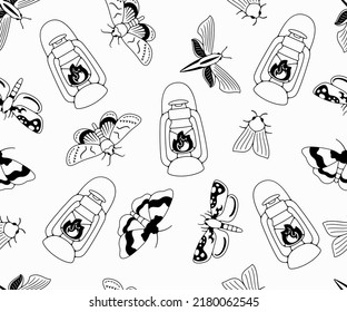 Moths and butterflies, kerosene lamp, old oil lantern and oil lamp, seamless vector background in outline, pattern. Flying insects, nature, entomology and entomological, wallpaper, vector design