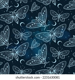 Moths and butterflies over sky with crescent moon and stars seamless pattern hand drawn line art gothic design set isolated vector illustration