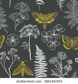 Moths, butterfly and grass seamless pattern. Hand-painted texture with Botanical elements: plants, flowers, grass, berries, fern, leaves. Natural repeating background