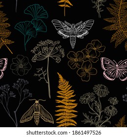 Moths, butterfly and grass seamless pattern. Hand-painted texture with Botanical elements: plants, flowers, grass, berries, fern, leaves. Natural repeating background