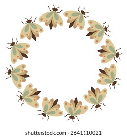 Moths circle frame. Round border made of moth insect. Vector flat wreath isolated on white background