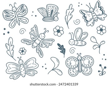 Moths, flowers and grass doodle sketch style set