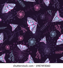 Moths and plants seamless pattern with occult and bohemian theme and pink blue colors. Repeat background with night butterflies and garden life. Boho texture with cosmos galaxy palette.