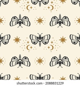 Moths and stars seamless pattern. Vector illustration. Boho style.