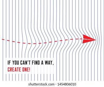 Moticational minimal concept for creating your own career development and problem solving skilla. Visualisation with paper folded plane arrow and dashed lines making its way through striped lines. 