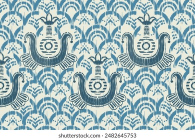 Motif beautiful ethnic boat on wave Ikat art. Ethnic Africa  fabric seamless pattern on background art. folk embroidery, Peruvian, Indian, Asia, Moroccan, Turkey, and Uzbek style. Aztec geometric art.