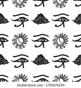 Motif black and white Spiritual sign sun and moon with the eye of Egypt illustration doodle drawing for make seamless pattern printing vector