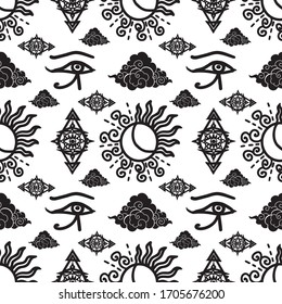 Motif black and white Spiritual sign sun and moon with the eye of Egypt illustration doodle drawing for make seamless pattern printing vector