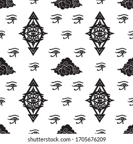 Motif black and white Spiritual sign sun and moon with the eye of Egypt illustration doodle drawing for make seamless pattern printing vector