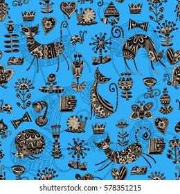 The motif of cats, hearts, insects and flowers.