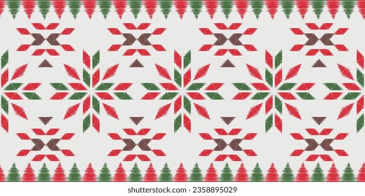 Motif Christmas ethnic handmade beautiful Ikat art. Christmas background. folk embroidery Christmas pattern, geometric art ornament print. red, green, white colors. snowflake, star, poinsettia design.