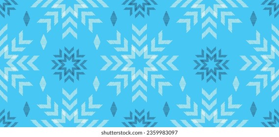 Motif Christmas ethnic handmade beautiful Ikat art. Christmas background. folk embroidery Christmas pattern, geometric art ornament print. blue white colors. snowflake, star, poinsettia design.