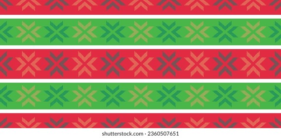 Motif Christmas ethnic handmade beautiful Ikat art. Christmas background. folk embroidery Christmas pattern, geometric art ornament print. red, green, white colors. snowflake, star, poinsettia design.