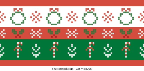 Motif Christmas ethnic handmade beautiful Ikat art. Xmas background. folk embroidery Christmas pattern, Ikat ornament print. red, green colors. Wreath, Holly, Mistletoe, Candy Cane, snowflake design