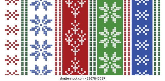 Motif Christmas ethnic handmade beautiful Ikat art. Xmas background. folk embroidery Christmas pattern, Ikat art ornament print. red, green, blue colors. Snowfake, Mistletoe, poinsettia design.