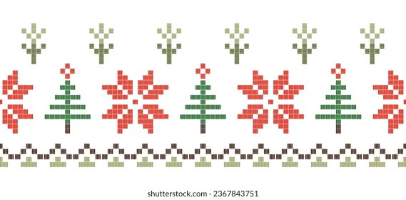 Motif Christmas ethnic handmade beautiful Ikat art. Xmas background. folk embroidery Christmas pattern, Ikat art ornament print. red,green colors. Reindeer, christmas tree,Mistletoe, poinsettia design