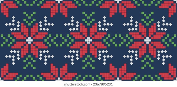 Motif Christmas ethnic handmade beautiful Ikat art. Xmas background. folk embroidery Christmas pattern, Ikat art ornament print. red, green, blue colors. Holly, Mistletoe, poinsettia design.