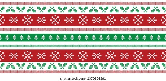 Motif Christmas ethnic handmade beautiful Ikat art. Christmas background. folk embroidery Christmas pattern, geometric art ornament print. red, green, white colors. snowflake, star, poinsettia design.