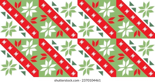 Motif Christmas ethnic handmade beautiful Ikat art. Christmas background. folk embroidery Christmas pattern, geometric art ornament print. red, green, white colors. snowflake, star, poinsettia design.