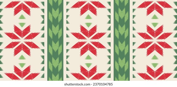 Motif Navidad étnica hecha a mano bello arte Ikat. fondo de Navidad. diseño de navidad de bordado folclórico, diseño de ornamento de arte geométrico. colores rojo, verde y blanco. copo de nieve, estrella, diseño de poinsettia.