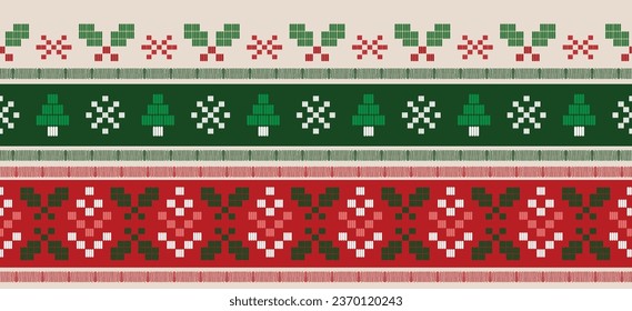 Motif Christmas ethnic handmade beautiful Ikat art. Christmas background. folk embroidery Christmas pattern, geometric art ornament print. red, green, white colors. snowflake, star, poinsettia design.