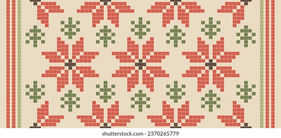 Motif Christmas ethnic handmade beautiful Ikat art. Christmas background. folk embroidery Christmas pattern, Ikat art ornament print. red, green colors. Holly, Mistletoe, poinsettia design.