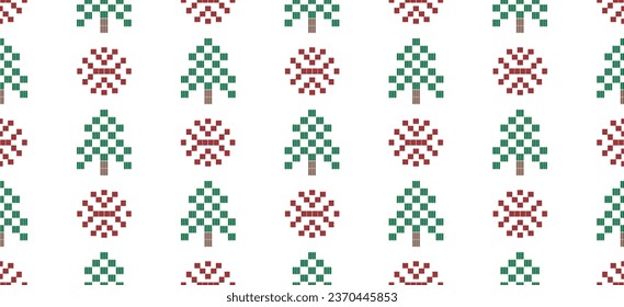 Motif Christmas ethnic handmade beautiful Ikat art. Xmas background. folk embroidery Christmas pattern, Ikat art ornament print. red,green colors. christmas tree, snowflake design. White Background.