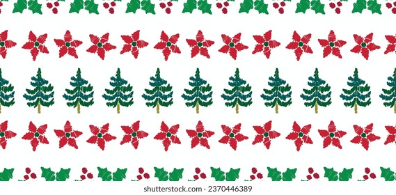 Motif Navidad étnica hecha a mano bello arte Ikat. diseño navideño de bordado folclórico, estampado de adorno de arte Ikat. colores rojo, verde. Reno, árbol de navidad, Mistletoe, diseño de poinsettia