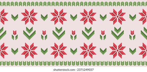 Motif Christmas ethnic handmade beautiful Ikat art. Christmas background. folk embroidery Christmas pattern, Ikat art ornament print. red, green colors. Holly, Mistletoe, poinsettia design.