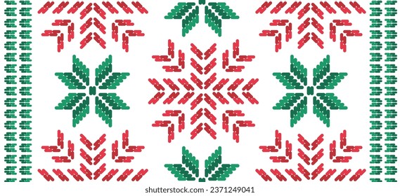 Motif Christmas ethnic handmade beautiful Ikat art. Christmas background. folk embroidery Christmas pattern, Ikat art ornament print. red, green colors. Holly, Mistletoe, poinsettia design.