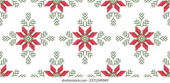 Motif Christmas ethnic handmade beautiful Ikat art. Christmas background. folk embroidery Christmas pattern, Ikat art ornament print. red, green colors. Holly, Mistletoe, poinsettia design.