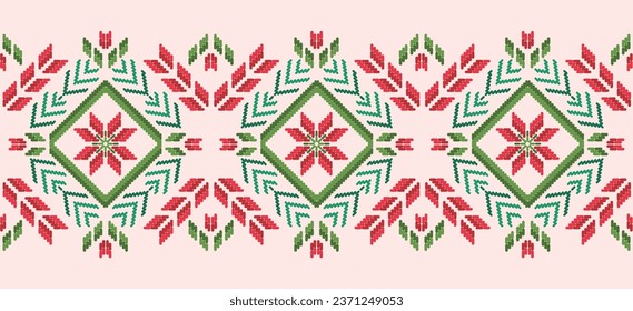 Motif Christmas ethnic handmade beautiful Ikat art. Christmas background. folk embroidery Christmas pattern, Ikat art ornament print. red, green colors. Holly, Mistletoe, poinsettia design.