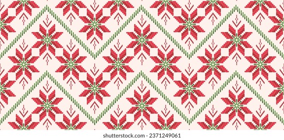 Motif Christmas ethnic handmade beautiful Ikat art. Christmas background. folk embroidery Christmas pattern, Ikat art ornament print. red, green colors. Holly, Mistletoe, poinsettia design.