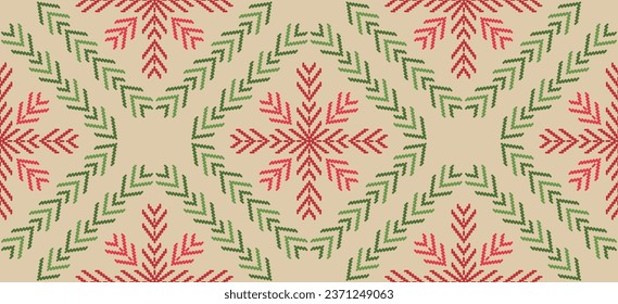 Motif Christmas ethnic handmade beautiful Ikat art. Christmas background. folk embroidery Christmas pattern, Ikat art ornament print. red, green colors. Holly, Mistletoe, poinsettia design.