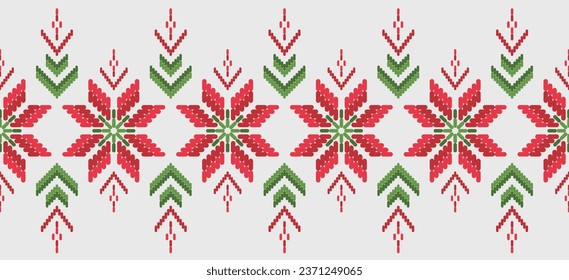 Motif Christmas ethnic handmade beautiful Ikat art. Christmas background. folk embroidery Christmas pattern, Ikat art ornament print. red, green colors. Holly, Mistletoe, poinsettia design.