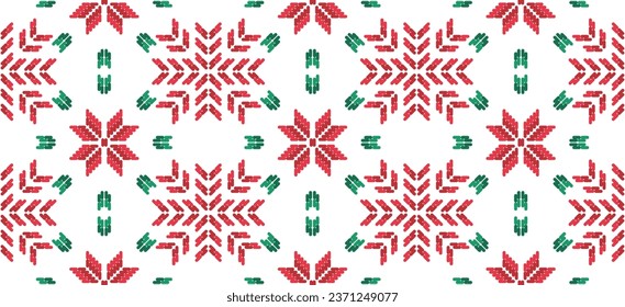 Motif Christmas ethnic handmade beautiful Ikat art. Christmas background. folk embroidery Christmas pattern, Ikat art ornament print. red, green colors. Holly, Mistletoe, poinsettia design.