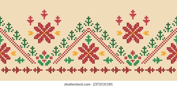 Motif Christmas ethnic handmade beautiful Ikat art. Christmas background. folk embroidery Christmas pattern, Ikat art ornament print. red, green colors. Holly, Mistletoe, poinsettia design.