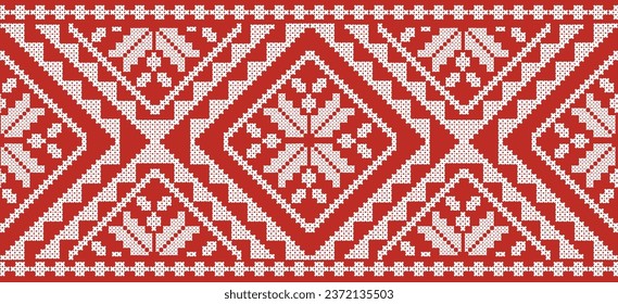 Motif Christmas ethnic handmade beautiful embroidery art. Christmas background. folk embroidery Christmas pattern, Ikat art ornament print. red, white colors. Holly, Mistletoe, poinsettia design.