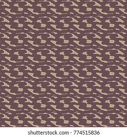 Motif with curved or rounded ornamental elements linked in oblique direction. Textile print in garnet and gold. Abstract vector.