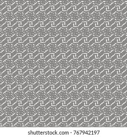 Motif with dotted horizontal strips or decorated with simple geometric elements. Graphics in gray and white. Abstract vector.