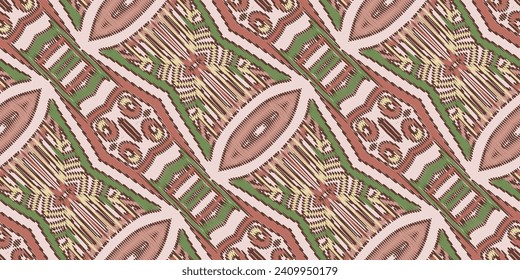 Motif Patrón geométrico étnico. Diseño Ikat para ropa, tela, fondo, sari, alfombra, batik. Ropa de mimbre, estilo bordado. Impresión de ornamentos de arte geométrico azteca. Ilustración del vector