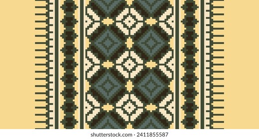 Motif Patrón geométrico étnico. Patrón de píxeles. Diseño para ropa, tela, fondo, sari, alfombra, batik. Ropa de mimbre, estilo bordado. Impresión de ornamentos de arte geométrico azteca. Ilustración del vector