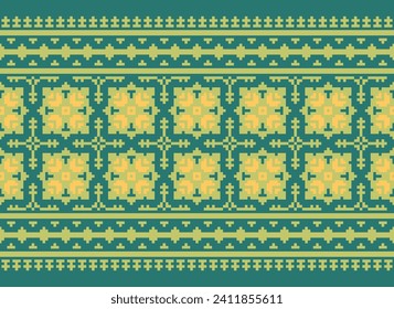 Motif Ethnisches Geometrisches Muster. Pixelmuster Design für Kleidung, Stoff, Hintergrund, Sari, Teppich, Batik. Kleidung, Stickereistil. Aztekische geometrische Kunstverzierung. Vektorgrafik