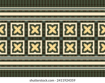 Motif Patrón geométrico étnico. Patrón de píxeles. Diseño para ropa, tela, fondo, sari, alfombra, batik. Ropa de mimbre, estilo bordado. Impresión de ornamentos de arte geométrico azteca. Ilustración del vector