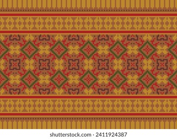 Motif Ethnic Geometric pattern. Pixel pattern. Design for clothing, fabric, background, sari, carpet, batik. Knitwear, Embroidery style. Aztec geometric art ornament print. Vector illustration