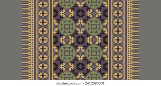 Motif Patrón geométrico étnico. Patrón de píxeles. Diseño para ropa, tela, fondo, sari, alfombra, batik. Ropa de mimbre, estilo bordado. Impresión de ornamentos de arte geométrico azteca. Ilustración del vector