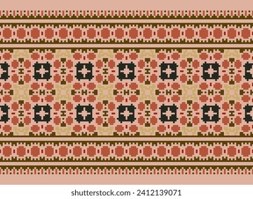 Motif Patrón geométrico étnico. Patrón de píxeles. Diseño para ropa, tela, fondo, sari, alfombra, batik. Ropa de mimbre, estilo bordado. Impresión de ornamentos de arte geométrico azteca. Ilustración del vector