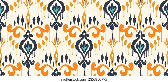 Motif ethnic handmade beautiful Ikat art print. Ethnic abstract floral orange blue background art folk embroidery Damask, Peruvian, Indian, Asia, Moroccan, Turkey style. Printed fabric art ornament.