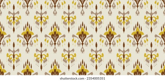 Motif ethnic handmade beautiful Ikat art print. Ethnic abstract floral botanical yellow background art folk embroidery, Damask, Indian, Asia, Moroccan, and Turkey style. Printed fabric art ornament.