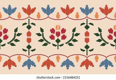 Motif ethnic handmade border beautiful art. Ethnic leaf floral background art. folk embroidery, Mexican, Peruvian, Indian, Asia, Moroccan, Turkey, and Uzbek style. Aztec geometric art ornament print.